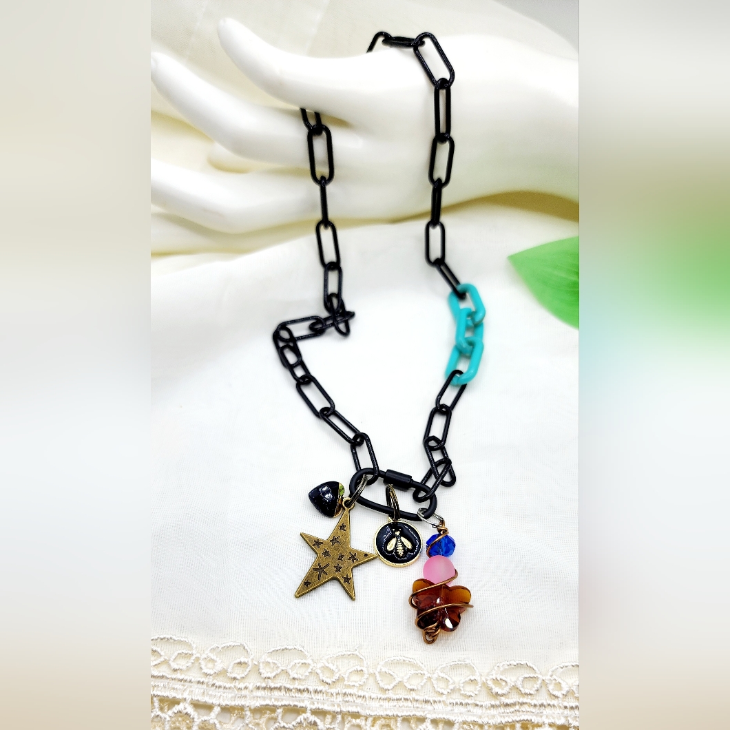 Black Paperclip Chain Necklace, Dangle Charms
